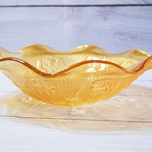 Vintage Jeannette Iris Iridescent Fruit Bowl Ruffled Edge Amber Gold Carnival Glass Floral Herringbone Glassware PanchosPorch