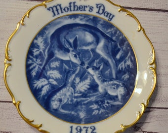 Vintage Mothers Day Plate 1972 Blue White Deer Fawn Dresden First Issue West Germany Decorative Wall Plate PanchosPorch