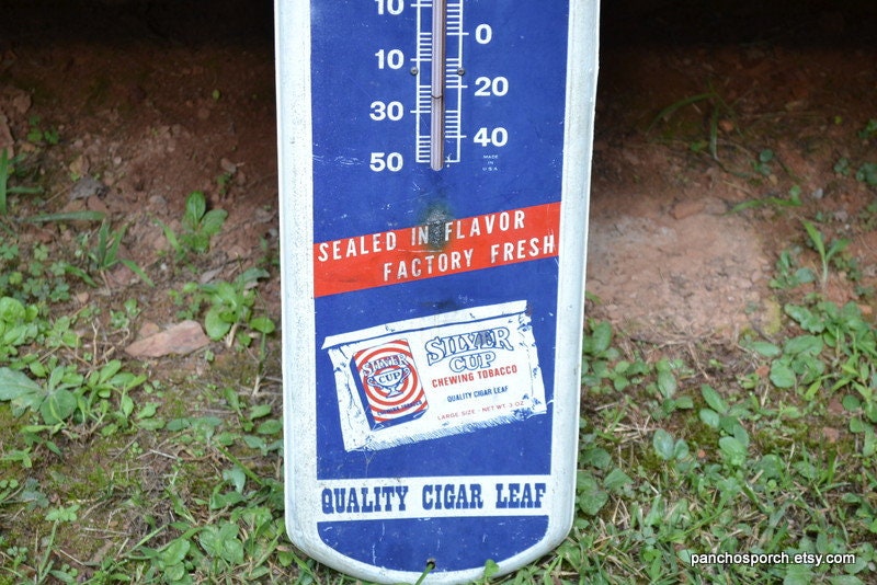 Vintage Silver Cup Tobacco Metal Sign Thermometer: 39-inch Store Display