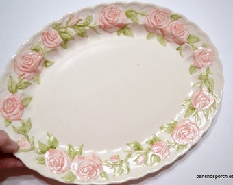 Vintage Metlox Vernon Rose Pink Oval Serving Platter Pink Green Raised Floral California Pottery Retro Dinnerware USA PanchosPorch