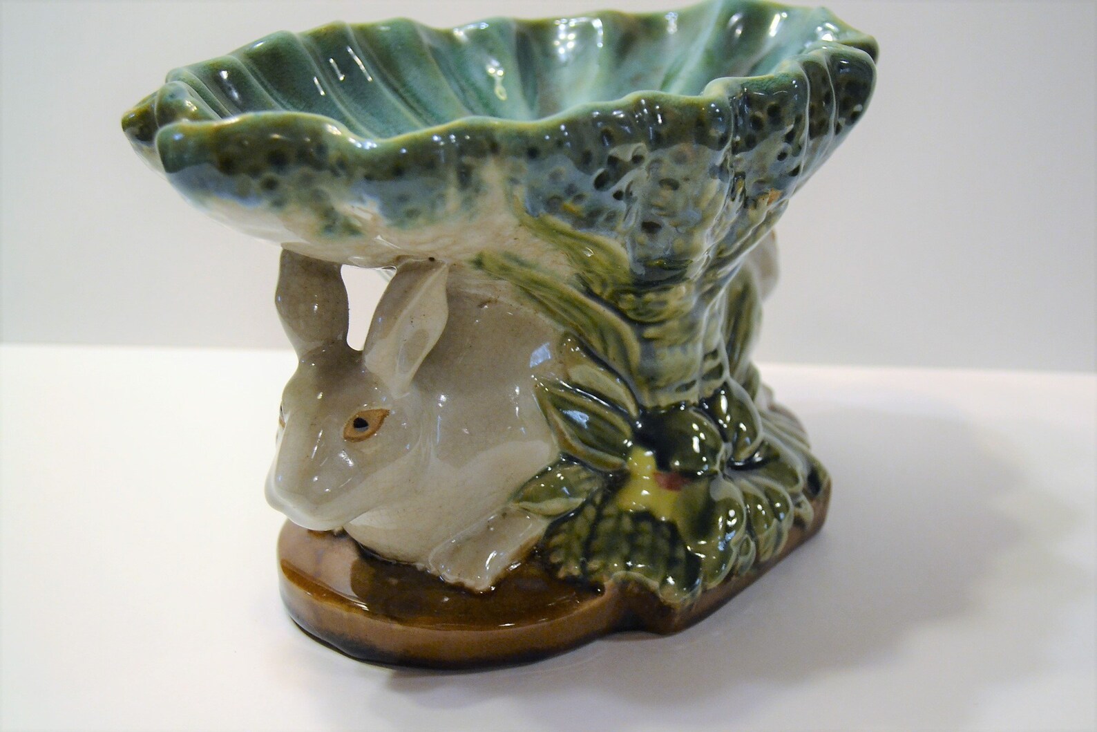 Vintage Majolica Bunny Rabbit Pedestal Bowl Dish Compote Etsy