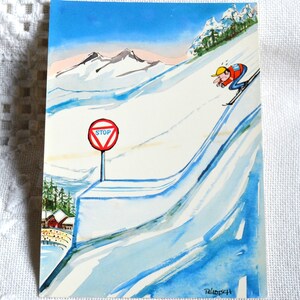 Carte postale vintage de ski alpin comique drôle signe d'arrêt de ski carte postale souvenirs de vacances papier éphémères PanchosPorch