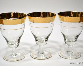 Vintage Gold Rim Water Glass Set of 3 Goblet Wine Glasses Double Gold Band Classic Glassware Barware Toasting Glasses PanchosPorch
