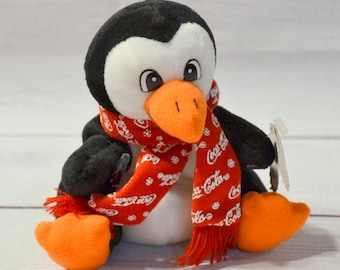 Vintage Coca Cola Penguin Snowflake Scarf Plushie 1998 Tags Stuffed Animal Toy Advertising PanchosPorch