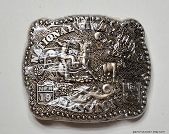 Vintage HESSTON NFR Rodeo Belt Buckle 1985 in Wrapper Small Size Childs Ladies National Finals Rodeo Calf Roping Cowboy Western PanchosPorch