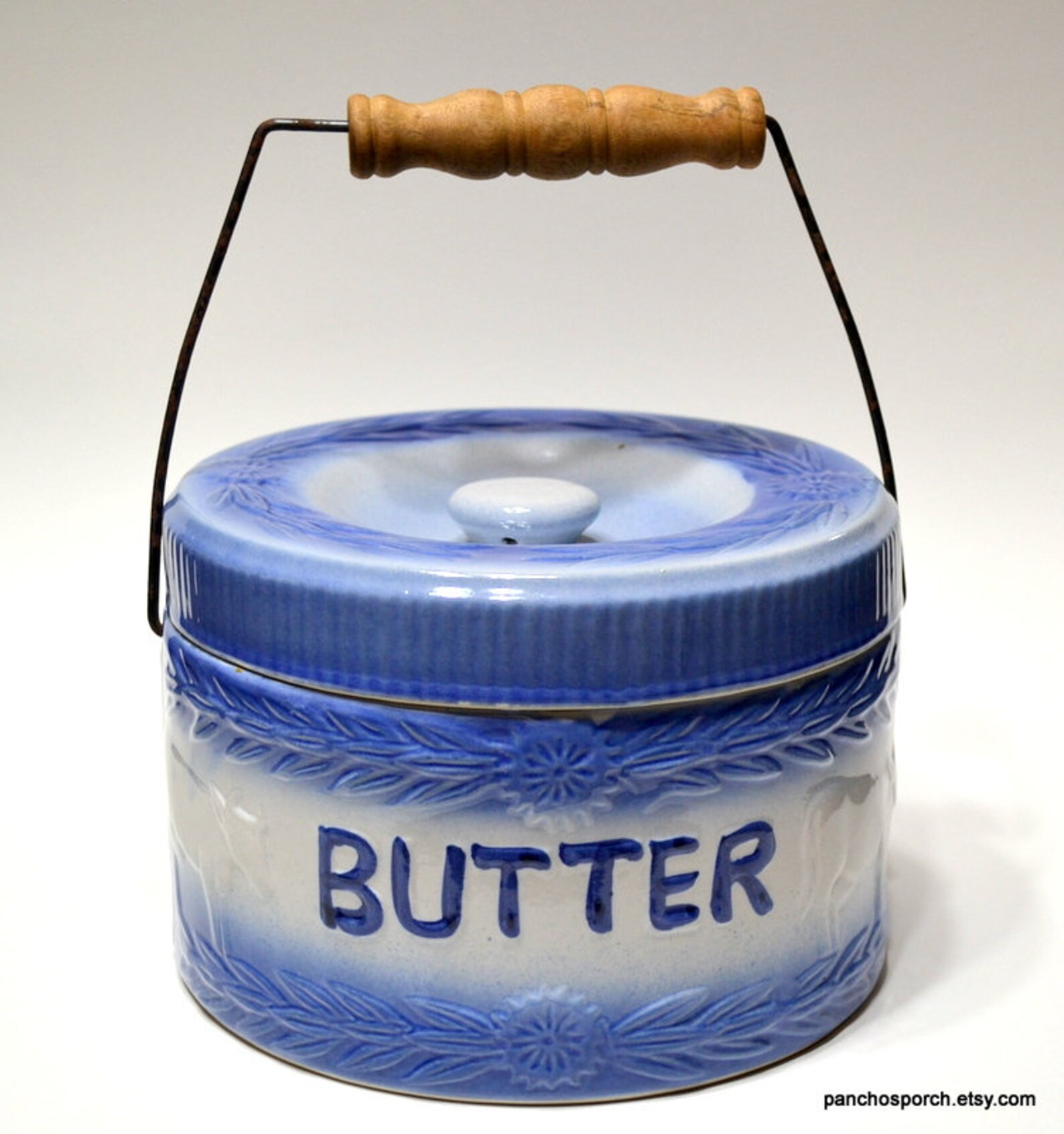Vintage Butter Crock With Handle Lidded Blue and White Etsy