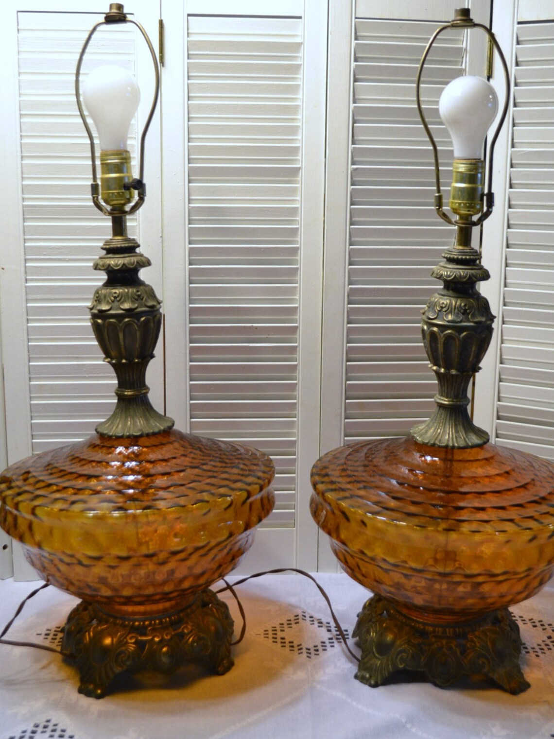 Vintage Table Lamp Set of 2 Amber Glass and Brass Bohemian Etsy