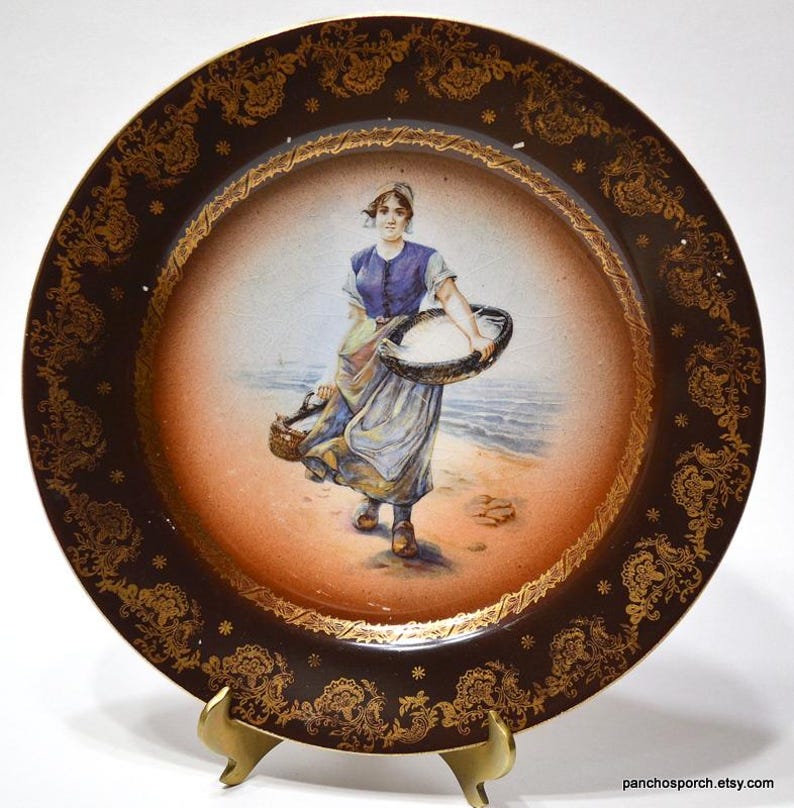Vintage ROYAL VIENNA Plate Hand Painted Peasant Woman Fish Baskets Antique Collectible Plate France Wall Cabinet Decor PanchosPorch