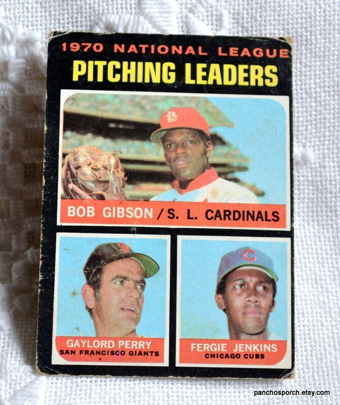 1971 Topps # 70 NL Pitching Leaders Bob Gibson/Fergie Jenkins/Gaylord Perry  Cardinals/Giants/Cubs (Baseball Card) EX Cardinals/Giants/Cubs