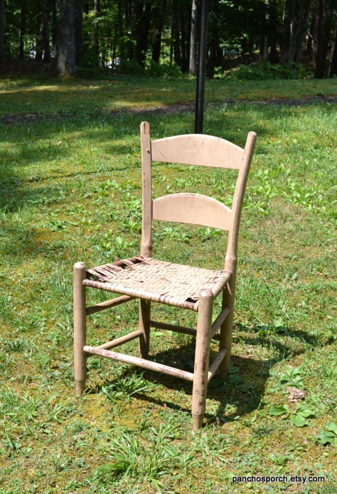 Vintage Wooden Farmhouse Chair Woven Seat Beige Rustic Farmhouse Dining