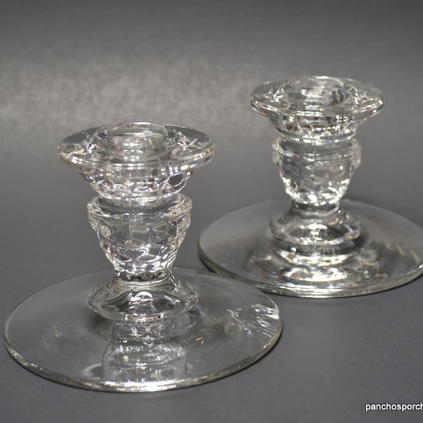 Vintage FOSTORIA American Clear Candlestick Holder Set of 2 Cube Pattern Candle Holders Elegant Retro Glassware Panchosporch