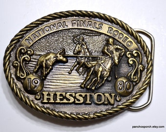 Vintage 1980 Hesston NFR Rodeo Belt Buckle: Cowboy Western Brass
