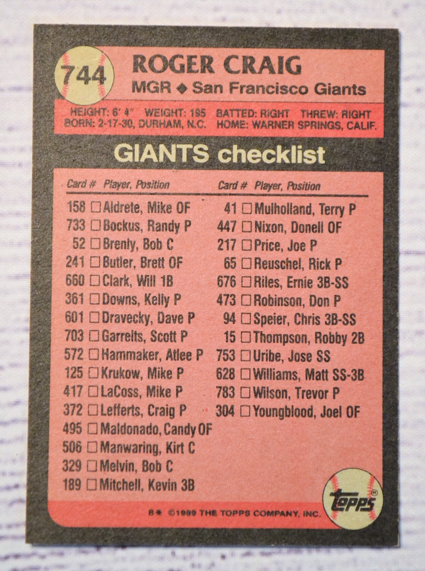 Roger Craig 1989 Topps Trading Card San Francisco Giants Etsy Canada