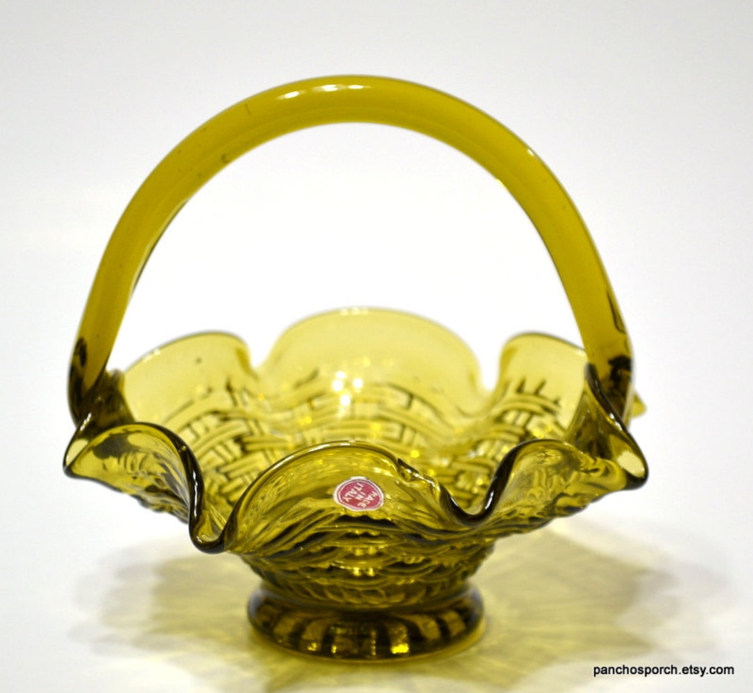 Vintage Green Glass Basket With Handle Basket Weave Pattern Candy Mint Dish Bowl Made in Italy