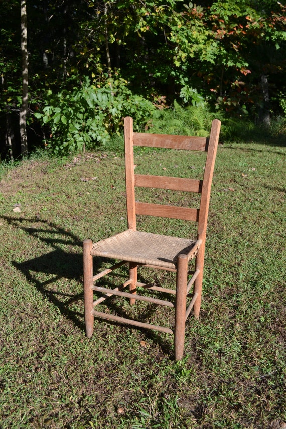 Vintage Antique Ladder Back Wooden Chair Woven Seat Primitive Etsy