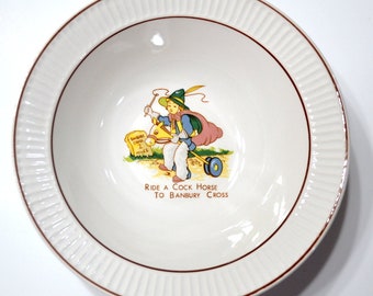 Vintage Nursery Rhyme Cereal Bowl Ride a Cock Horse to Banbury Cross Child Riding Stick Horse Ribbed Rim Childs Bowl Korea PanchosPorch