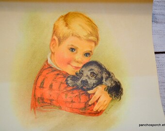 Vintage Boy with Dog Print Signed Borrie Boys Room Nursery Cocker Spaniel Red Sweater Ready to Frame 1950s Wall Decor Panchosporch
