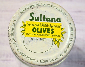 Vintage Sultana Olive Jar with Lid 5oz Green White Advertising Retro Kitchen Decor Photo Movie Prop PanchosPorch