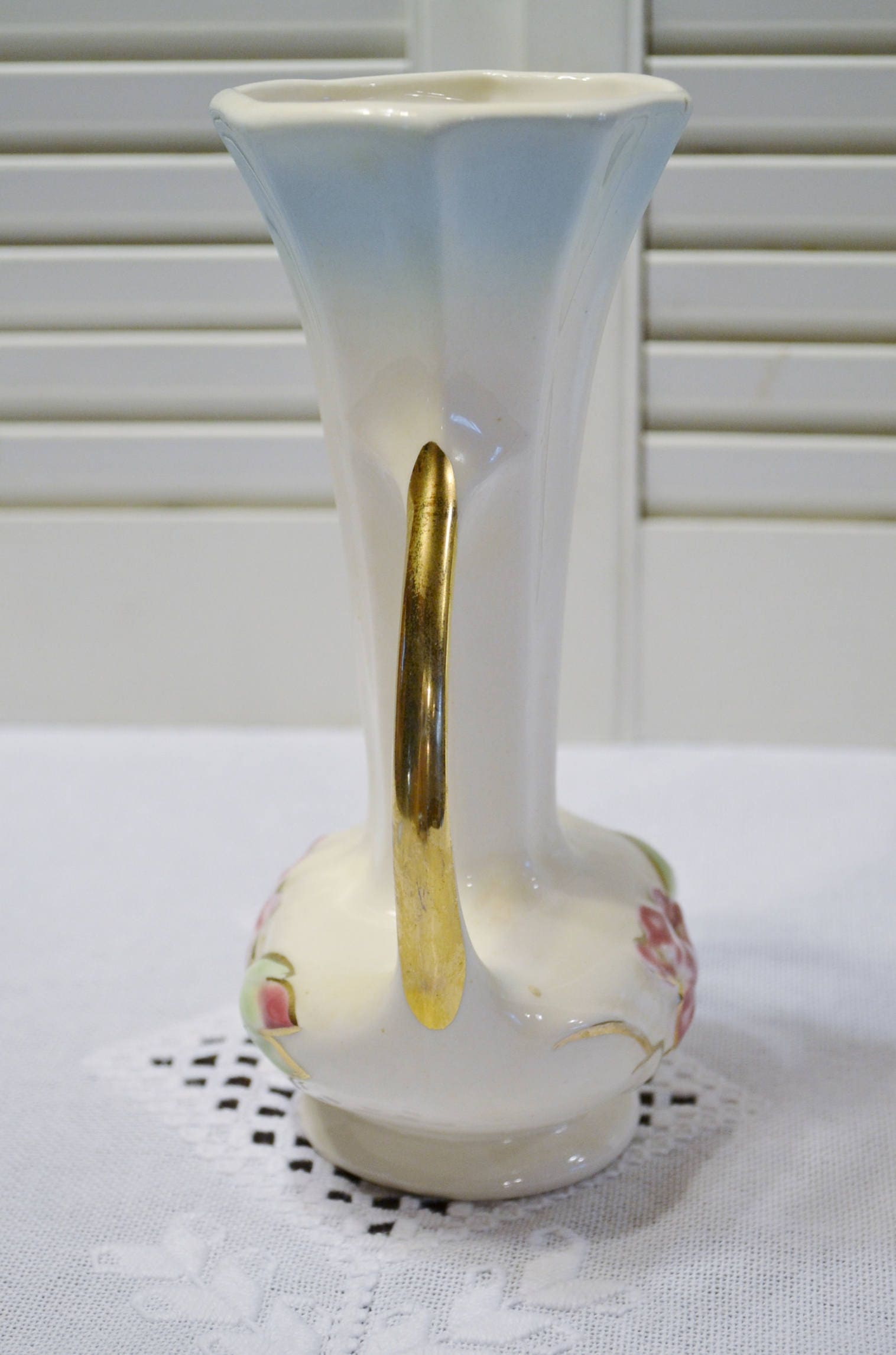 Vintage Ceramic Vase Pink Flowers 22k Gold Details White Fade Etsy