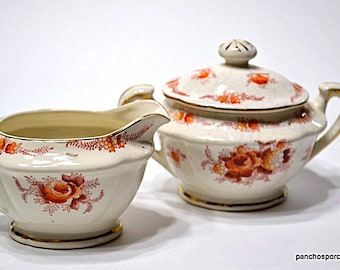 Vintage Niagara Falls Souvenir Sugar Bowl Creamer Set: Burnt Orange Floral Japan