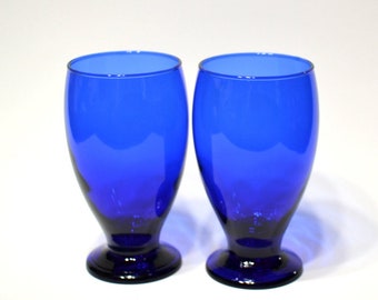 Vintage Cobalt Blue Footed Tumbler Set of 2 Deep Blue Glass Barware Cocktail Glass Set Retro Glassware PanchosPorch