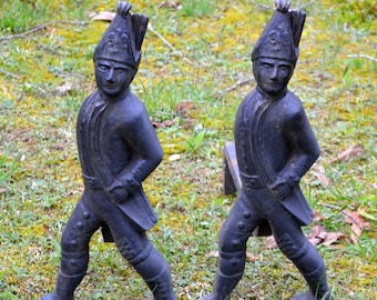 Vintage CAST IRON Soldier Andirons Classic Fireplace Hearth Decor Figural Men People Metal Fire Dogs Weathered Black Finish Panchosporch