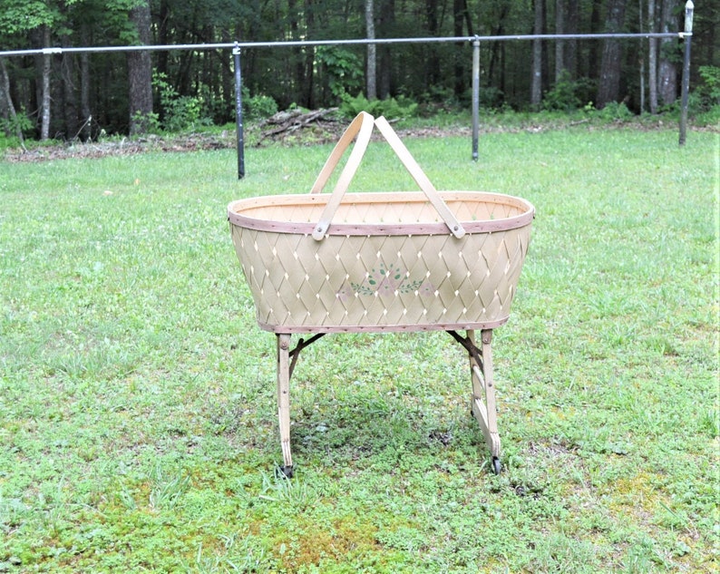 Vintage Baby Basket Weave on Wheels Folding Wooden Etsy
