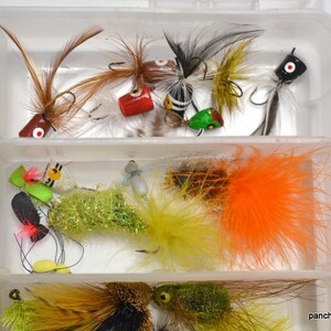 May include: A clear plastic tackle box filled with various fishing flies. The flies feature colorful feathers, synthetic materials, and small hooks. Colors include yellow, black, red, green, and orange. The flies are designed for fly fishing.