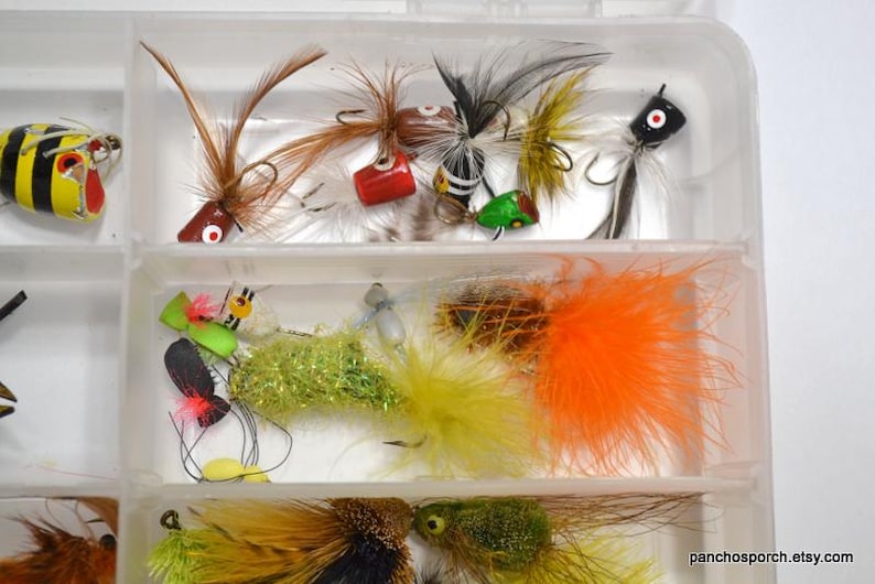 May include: A clear plastic tackle box filled with various fishing flies. The flies feature colorful feathers, synthetic materials, and small hooks. Colors include yellow, black, red, green, and orange. The flies are designed for fly fishing.