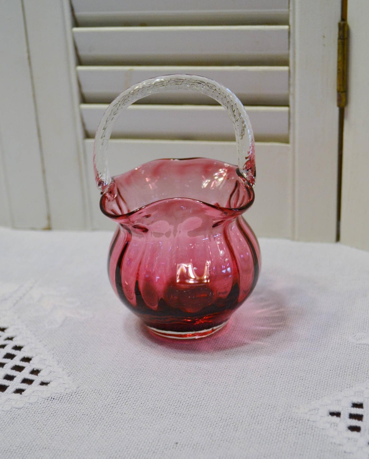 Vintage Cranberry Glass Basket Clear Handle Blown Glass Etsy