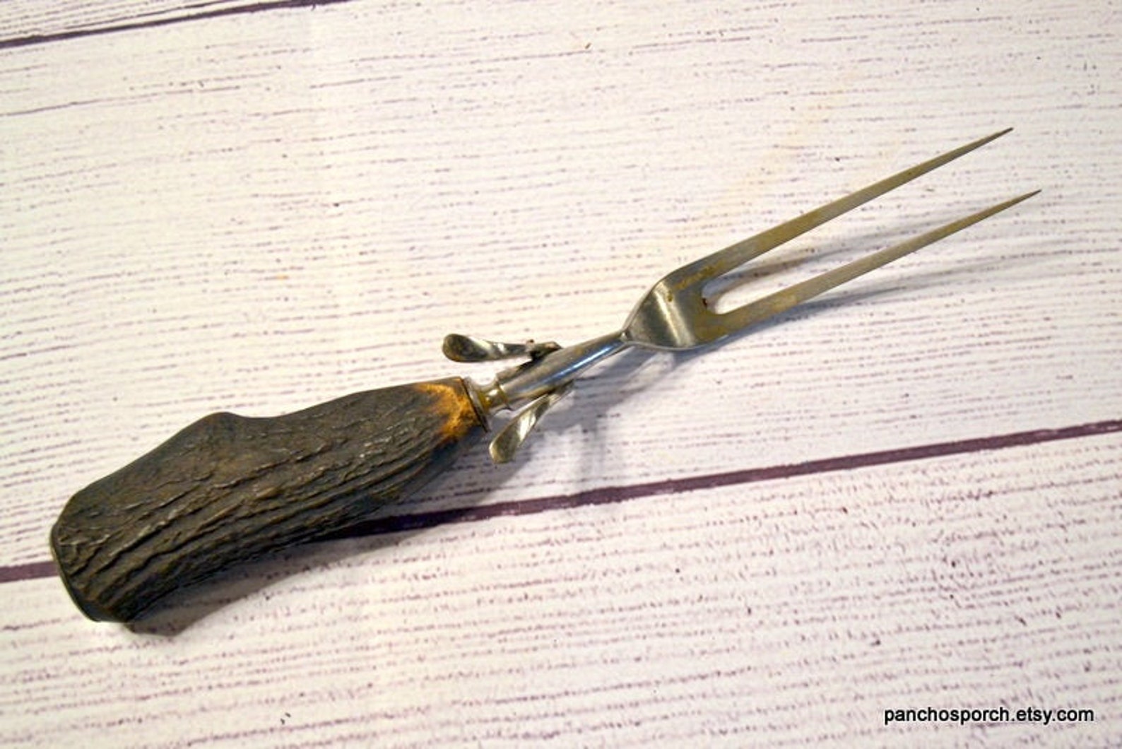 Vintage Meat Fork with Folding Stand Antler Handle Marked ATD Etsy