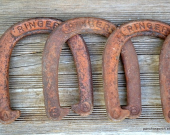 Vintage RINGER Horseshoe Set of 4 Pitching Horse Shoes Rusty Metal Worn Weathered Summer Lawn Game Wall Decor Farmhouse Barn PanchosPorch