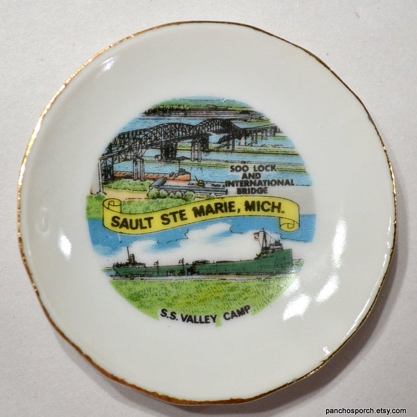 Vintage Michigan Mini Plate Sault Ste Marie Travel Souvenir Valley Camp Bridge Small 3.25 inch Little Coaster Kitsch Wall Decor PanchosPorch