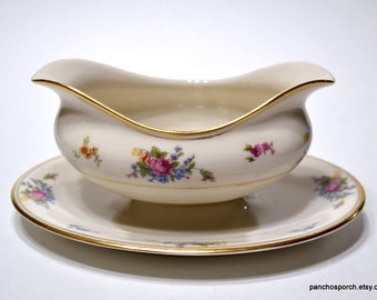 Vintage ROSE of LAMBERTON Gravy Bowl Attached Underplate Multicolor Floral Gold Trim Wedding China Elegant Dinnerware USA PanchosPorch