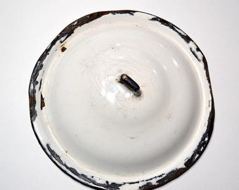 Vintage Enamelware Lid: White with Black Rim, Farmhouse Decor (11 inch)