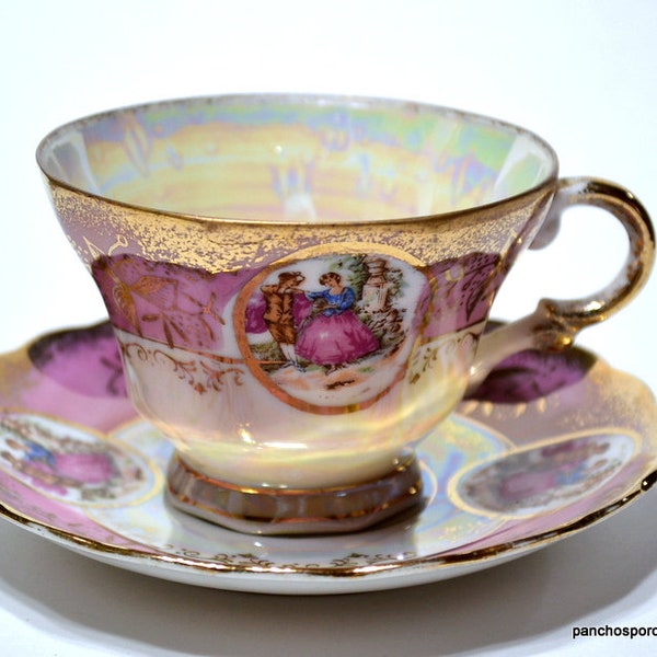 Vintage Pink Iridescent Teacup and Saucer Victorian Courting Couple  Gold Details Ornate Unmarked Tea Cup Collection PanchosPorch