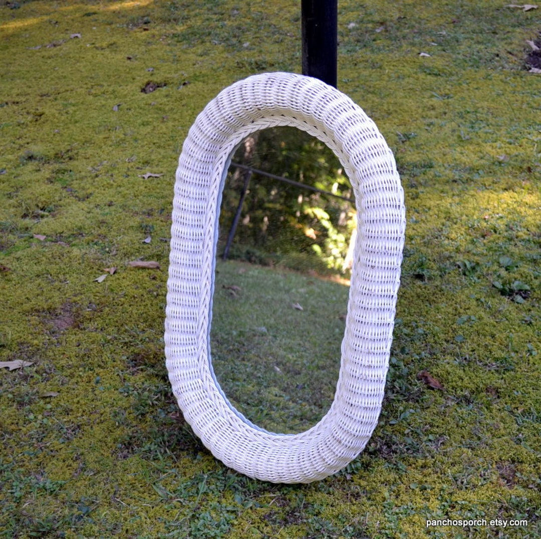 Vintage Oval White Wicker Mirror Large Woven Wall Mirror Etsy