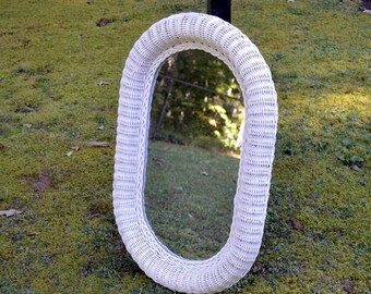 Vintage Oval White Wicker Mirror Large Woven Wall Mirror Cottage Wall Decor Bedroom Bathroom Entry Beach House PanchosPorch