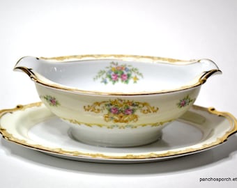 Vintage Noritake Acacia Gravy Boat Drip Plate Floral Scrolls Gold Rim 1940s Dinnerware Morimura Japan Wedding Pattern 98212  PanchosPorch