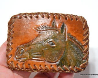 Vintage Leather Tooled Handpainted Western Belt Buckle Horse Head Vintage Tooled Embossed Leather Belt With Horse Head Buckle  main image 3