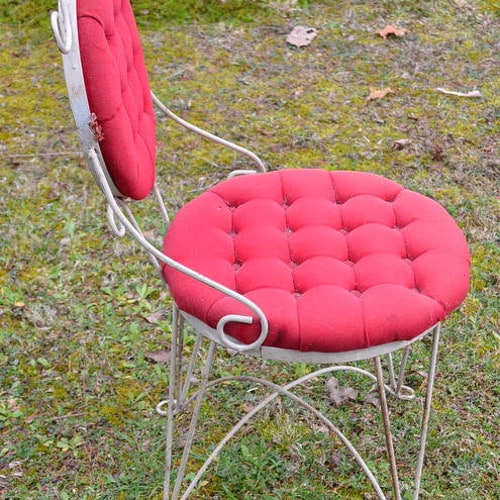 Vintage Wrought Iron Vanity Chair Chippy Off White Paint Red Tufted Seat and Back Scroll Metal Ice Cream Parlor popular Vintage Chair PanchosPorch