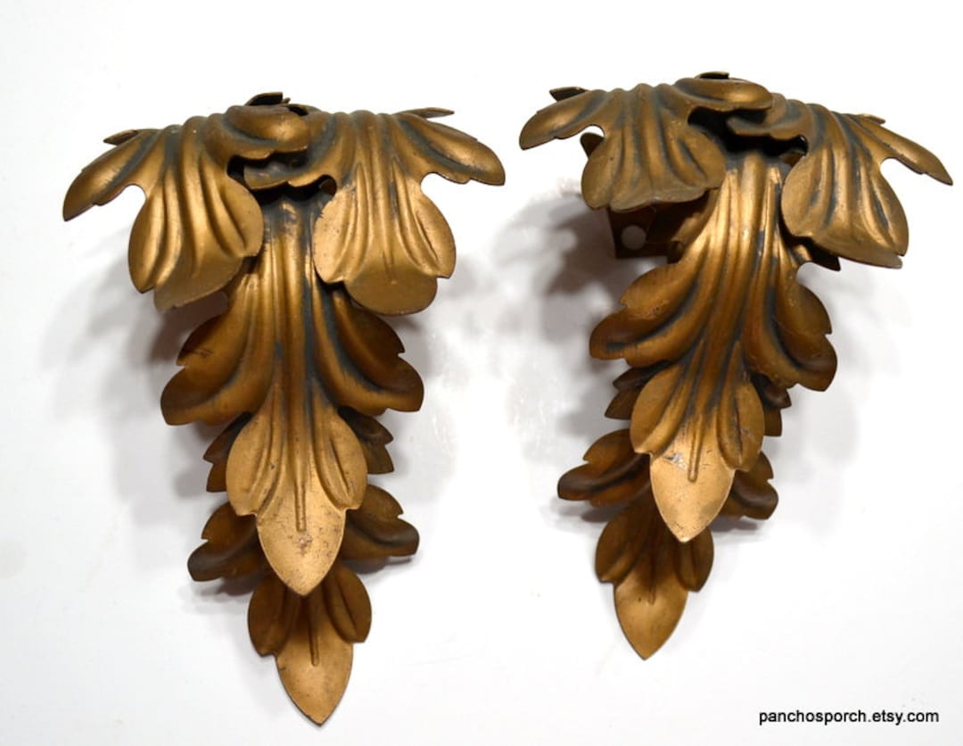Vintage Metal Acanthus Leaf Curtain Rod Bracket Set of 2 Gold Bronze