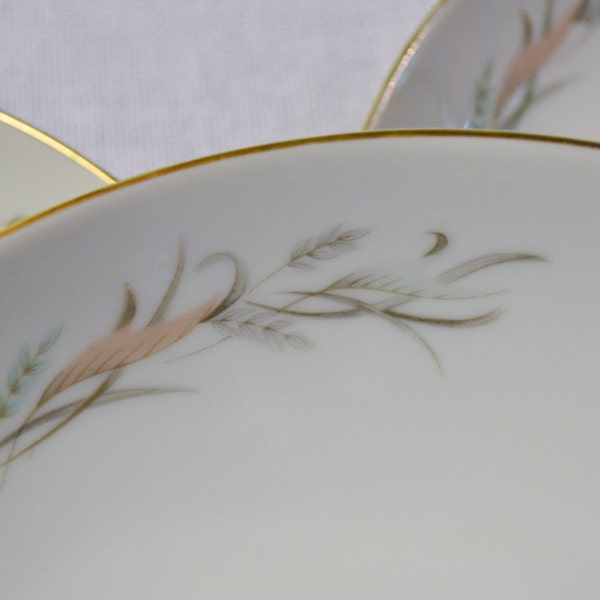 Vintage Lovely Fine China Joyce Soup Bowl Gray Pink Leaf Scroll Design Silver Rim Pattern 3820 Japan PanchosPorch