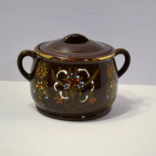 RESERVED -Vintage Redware Bean Pot Chocolate Brown Hand Painted Details Made in Japan PanchosPorch