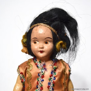 Vintage Souvenir Doll Traditional Dress Unknown Country Girl Doll Beaded Dress Apron DIsplay PanchosPorch