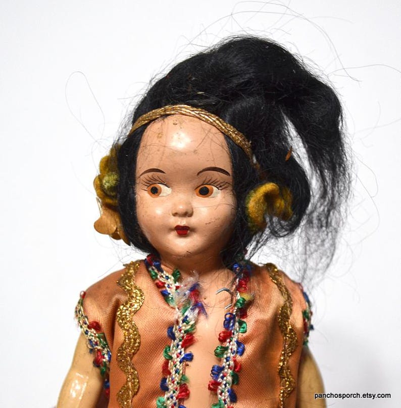 Vintage Souvenir Doll Traditional Dress Unknown Country Girl Doll Beaded Dress Apron DIsplay PanchosPorch