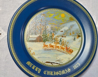 Vintage Grandma Franklin Metal Plate Merry Christmas 1975 Santa Reindeer Winter Snow CLEARANCE SALE PanchosPorch