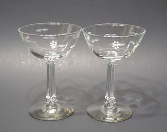 Vintage  Etched Champagne Glass Set of 2 Leaf Pattern Toasting Glasses MCM Stemware Etched Glassware Barware PanchosPorch