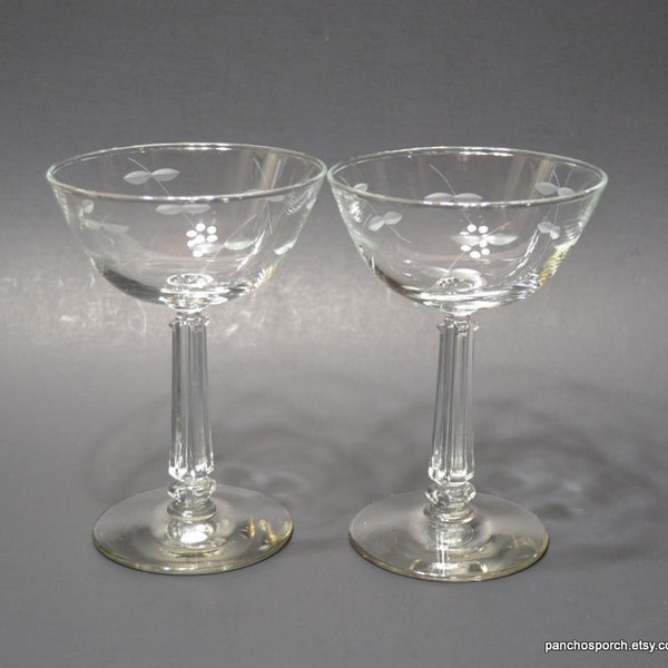 Vintage  Etched Champagne Glass Set of 2 Leaf Pattern Toasting Glasses MCM Stemware Etched Glassware Barware PanchosPorch