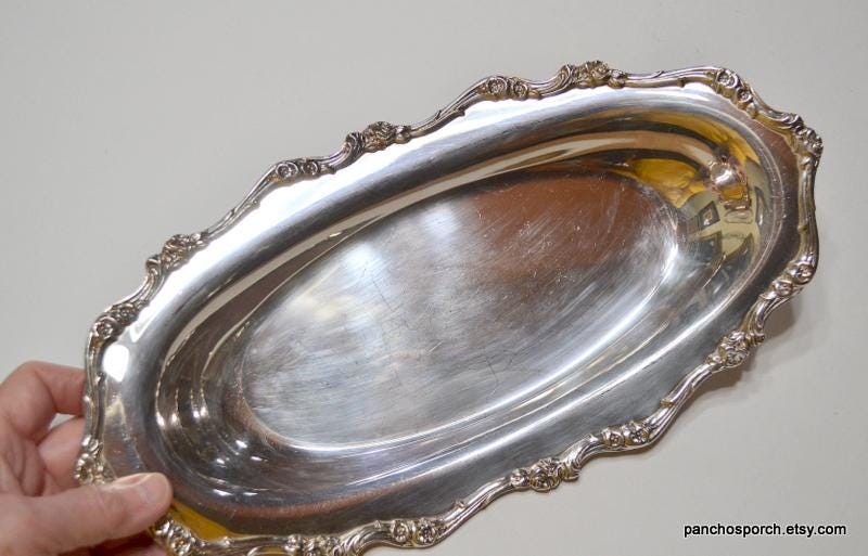 Vintage Oval Silver Plate Shallow Bowl Floral Rose Rim Tarnished Silverplate Entertaining Buffet Silver Home Decor Unmarked PanchosPorch